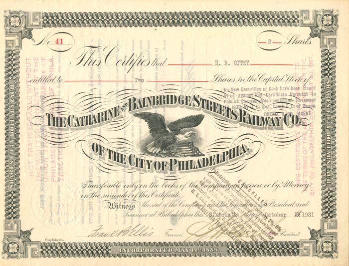 Catharine and Bainbridge Streets Railway Co. of the City of Philadelphia - Stock Certificate